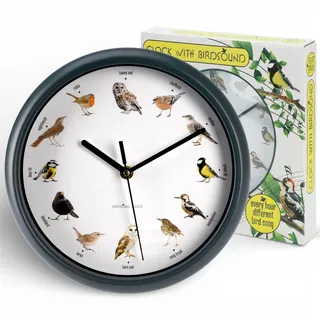 MIJOMA Vogelstimmen-Wanduhr 25 cm – mit 12 echten Vogelrufen pro Stunde – lautlos nachts – naturgetreue Motive – dekorative Uhr mit Ton – grüner Rahmen – batteriebetrieben
