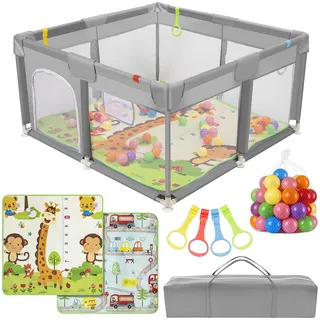 Altaudia Baby-Laufstall 120 x 120 cm + Baby-Teppich + 50 Bälle + Transporttaschen – Baby-Laufstall mit atmungsaktivem Netz – Lustiger Spielplatz für Babys – Grau