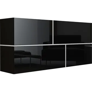 Furniture24 Hängekommode Goya Sideboard 170 cm mit 4 Klappen Wohnzimmerschrank Schwarz/Schwarz Hochglanz/Weiß - Schwarz