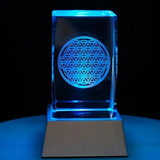 Kaltner Präsente Stimmungslicht - Das perfekte Geschenk: LED Kerze/Kristall Glasblock / 3D-Laser-Gravur Blume des Lebens/Lebensblume Symbol/Zen/Buddha/Esoterik/Buddhismus