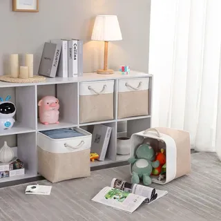 Faltbare Stoffe Aufbewahrungskörbe 33x38x33 cm - Große Aufbewahrungsboxen für Kleiderschrank Kinderzimmer - Beige/Weiß Set von 3
