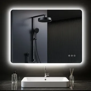 nimbuscrest Badspiegel mit Beleuchtung Led Badezimmerspiegel | Touch-Schalter, 3 Lichtfarben, Antibeschlag, IP65, HD-Hartglas, Einfacher Lichtring