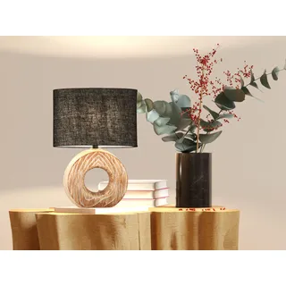 Tischlampe mit LED dimmbar, Keramikfuß Holzoptik, Lampenschirm Leinen Grau oval - Grau