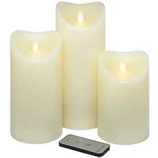 Tronje LED Echtwachskerzen 3er Set mit Timer Fernbedienung Kerzen bewegliche Flamme - elfenbein/creme - 15cm, 19cm, 23cm