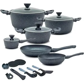 Avilia Set mit 18 antihaftbeschichteten Kochtöpfen aus geschmiedetem Aluminium mit rauen Marmorbeschichtungen – geeignet für jede Herdplatte, einschließlich Induktion, 18-teiliges Topfset mit