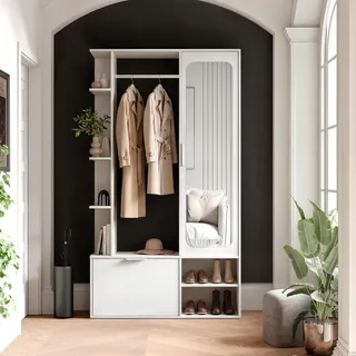 Garderobe mit Spiegel ELIOR rechts, Alpinweiß, moderner Flurschrank mit Stauraum, Kleiderstange und Ablagen - Weiß