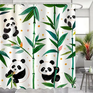 WYRCFS Duschvorhang 200x200 cm Grün Blätter Panda Duschvorhang Wasserdicht Textil Polyester Waschbar Duschvorhänge Shower Curtains mit Gewicht und 12 Duschvorhangringe für Badezimmer Badewanne