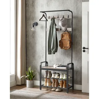 VASAGLE Garderobenständer, Garderobe, Schuhregal mit Sitzfläche, Kleiderständer mit 9 abnehmbaren Haken, Sitzbank, 2 Gitterablagen, 183 cm hoch, Industrie-Design, greige HSR40MB - Grau