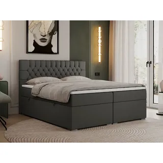 MKS Meble Boxspringbett 140x200 mit Matratze und Topper, Boxspringbett 140x200 mit Bettkasten und Kopfteil - PERA - 140x200 - Dunkelgrau - Kunstleder - H4 - Grau