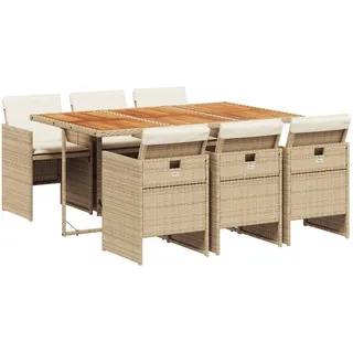 vidaXL 7-tlg. Garten-Essgruppe mit Kissen Beige Poly Rattan - Beige