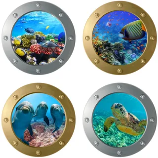 AIBAOBAO 4 Stück 3D Wandtattoo Unterwasserwelt, 3D Sea Life Wandaufkleber Delfin U Boot Fenster Fliesenaufkleber, Wandsticker Badezimmer Bilder Bullauge Deko für Schlafzimmer Wohnzimmer Bad Wanddeko