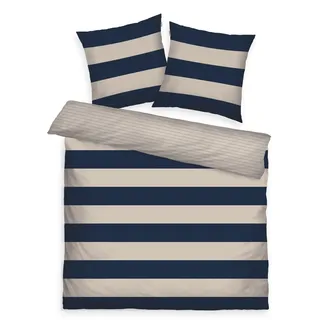Herding TOM TAILOR Renforcé-Bettwäsche, 2*80x80 cm + 200x220 cm, 100% Baumwolle/ Renforcé, mit Wendemotiv und farbigem Markenreißverschluss, BOLD STRIPES Blau, Beige (Dark Navy & Sunny Sand)