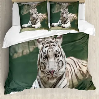 ABAKUHAUS Tiger Bettbezug, Weißer Tiger-Schwimmen-Spaß, Milbensicher Allergiker geeignet mit Kissenbezügen, 200 cm x 200 cm - 80 x 80 cm, Teal weiß - Weiß