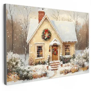 MuchoWow Leinwandbild Weihnachten - Zuhause - Winter - Schnee Wanddeko 90x60 cm , Creme , Textil , Kiefer , Rechteckig , 90x60 cm , FSC 100% , gerahmt , Bilder & Rahmen, Bilder, Leinwandbilder