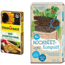 Floragard Bio Kompost-Erde 50 Liter – Pflanzerde für Blumen, Gemüse und Gehölze – mit Bio-Dünger - Gartenerde & Universal Bio Hochbeet-Kompost 40 Liter