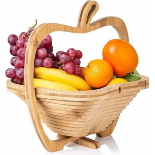 Obstkorb Faltbar aus Bambus (Apfel) H x B x T: 30 x 27 x 22,5 cm, Faltbare Obstschale, Topfuntersetzer, Korb Schale Klappkorb Faltkorb Dekoschale aus Holz, Faltbar und Schwenkbar