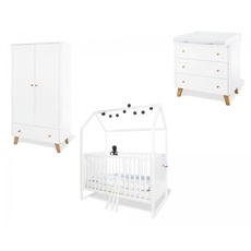 Babyzimmer Möbel Set Kinderzimmer 'Hilda & Pan' breit, mit Hausbett, Wickelkommode und Schrank, weiß