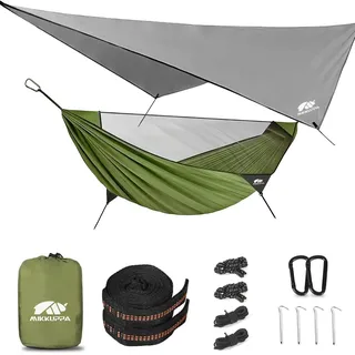 MIKKUPPA Hängematte Outdoor mit Moskitonetz Regenschutz 350kg Belastbarkeit 290x155cm aus 210T Fallschirm Nylon inklusive Aluminium Heringe Seile Baumgurte für Trekking Reise Garten