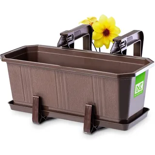 KADAX Blumenkasten 40 cm mit Halterungen, Braun – Pflanzkasten mit Untersetzer, rechteckiger Blumentopf aus Kunststoff, Pflanzgefäß für Innen- und Außenbereiche, Balkon und Terrasse