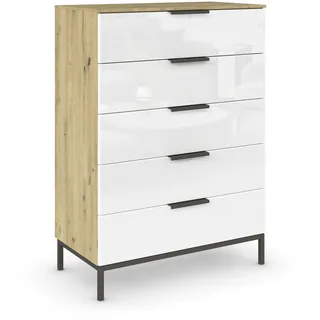 B0CWMHFPH7 Rauch Möbel Flipp, Nachttisch für Schlafzimmer, Flur, Garderobe, 5 Schubladen, mit Softclose Funktion, Griffe und Metallkufe Graphit, Farbe Eiche Artisan, Holz/Glas Weiß, Breite 80 cm