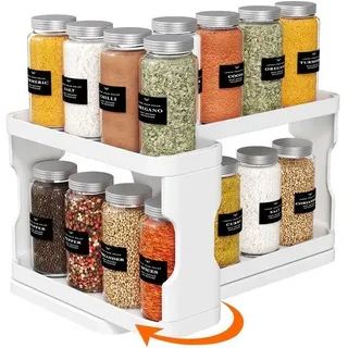 Unyqoos® Ausziehbares, drehbares Gewürzregal – 2 Ebenen, 29×15×23 cm, platzsparend für Küche & Bad, ohne Bohren, rutschfeste Gummimatten - Weiß
