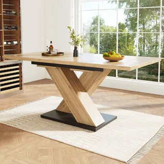 Teleskop-Esstisch 119-158,5 cm in Naturholz – Ausziehbarer Küchentisch mit gekreuzten Beinen, innenliegenden Einlegeplatten, für 4-6 Personen, warme Holz-Optik - Beige