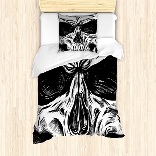 ABAKUHAUS Halloween Mantele, Gothic Sketch schlechtes Gesicht, Milbensicher Allergiker geeignet mit Kissenbezügen, 135 cm x 200 cm - 80 x 80 cm, Schwarz-Weiss - Schwarz