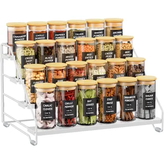 Gucass 4 Etagen Gewürzregal Stehend, Metall Gewürzständer Einstellbar Ohne Bohren, Gewürzhalter Spice Rack Organizer für die Küche, Schrank und Arbeitsplatte, Küchenregal für Platzsparende(Weiß)