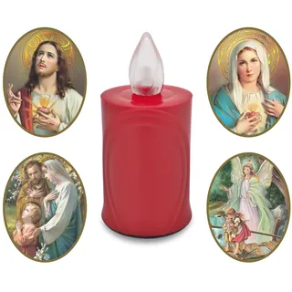 AROBA LED Grabkerze Trauerlicht - Flackereffekt wie echte Kerze - lange Brenndauer bis 120 Tage - wiederverwendbar Friedhofskerze Gedenkkerze - rot inkl. Auswahl an Heiligen