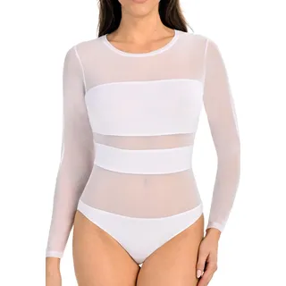 Teyli Bodysuit Women Damen Body Elegant - Mesh Top Body Langarm Damen - Body Damen Langarm Bodysuit Women Langarm aus Viskose und Mesh Weiß M
