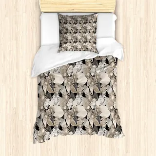 ABAKUHAUS Blumen Mantele, Vintage Pflanze Weich Farbe, Milbensicher Allergiker geeignet mit Kissenbezügen, 135 cm x 200 cm - 80 x 80 cm, Tan Schwarz - Schwarz