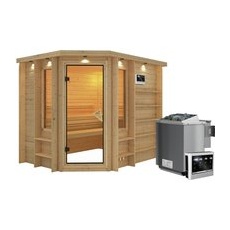 KARIBU Sauna »Mitau«, inkl. 9 kW Bio-Kombi-Saunaofen mit externer Steuerung, für 4 Personen - beige