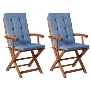 BELIANI Gartenstuhl 2er Set Braun Akazienholz Klappbar mit Auflagen Blau Hohe Armlehnen Modern Garten Balkon Klappstuhl Niedriglehner Stuhl - Braun, Blau