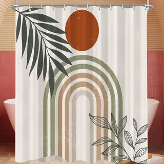 Lerores Duschvorhang 180x200 cm Runder Grünblattbogen, Beschwerter Saum Antischimmel, Wasserabweisend, Waschbar Polyester Badevorhänge mit 12 Ösen und Duschvorhangringen für Badezimmer, Badewanne