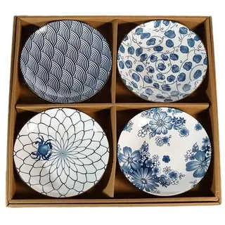 Lachineuse – 4er-Set japanischer Teller – tiefe Teller ⌀ 17,5 cm, asiatischer Stil – Farben Blau und Weiß – traditionelles japanisches Geschirr – japanische Geschenkidee – Blumenwellen-Design