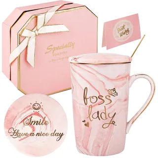 Boss Lady Geschenke für Frauen Boss Lady Tasse Boss weiblich Geburtstag Mütter Tag Geschenke Kaffeebecher 360ML Marmor-Keramik-Geschenk-Set (Rosa-Boss Dame)