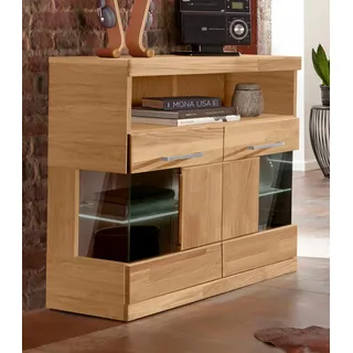 OTTO home Home »Ribe 85cm breit,35 cm tief, Fronten Massivholz,2 Türen mit Glaseinsatz« Holz massiv, Holzwerkstoff,3 breite Fächer,