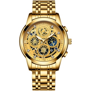 JewelryWe Uhren Herren Kalender 30m wasserdichte Analog Quarz Armbanduhr Luxus Zahnrad Strass Römische Ziffern Geschäfts Beiläufige Uhr Herrenuhr mit Edelstahl Armband und Leuchtend Zeiger Gold