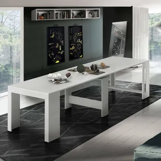 Dmora - Ausziehbare Konsole Martino, Ausziehbare Konsole für bis zu 12 Sitzplätze, Tisch mit Verlängerungshaltern, 100 % Made in Italy, 51/300 x 90 x 77 cm, glänzend weiße Lärche,