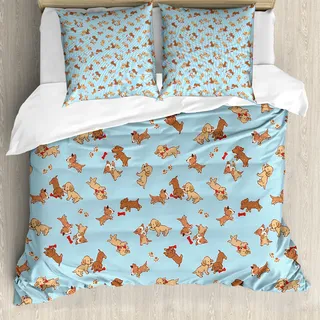 ABAKUHAUS Hund Bettbezug, Spielerisch Goldener Welpe, Milbensicher Allergiker geeignet mit Kissenbezügen, 155 cm x 220 cm - 80 x 80 cm, Mehrfarbig