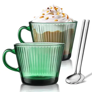 Joeyan 450ml Große Kaffeetassen Set, 2er-Set,Vertikale Streifen Grüne Gläser mit Löffel, Espressotassen Dickwandig, Cappuccino tassen, Gerippte Trinkgläser für Latte,Tee,Getränke,Spülmaschinenfest