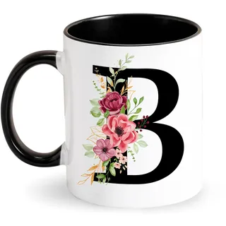 KaffeeTasse mit Buchstabe, Tasse mit Initial Blumen, Schwarz Keramik Tasse, Geschenke für Kolleginnen Erwachsene Verliebte Lieblingsmensch Freund Frauen Schwester zum Geburtstag Muttertag (B)