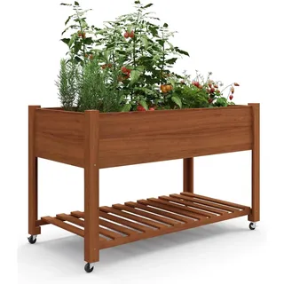 Hochbeet auf Rollen - Erhöhte Pflanzkiste - 122x61 cm - Mit Ablageboden - Für Balkon und Terrasse - Holz Rot-Eiche