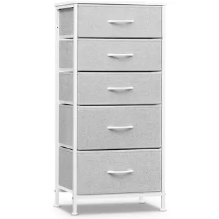 WOLTU Kommode mit 5 Schubladen aus Stoff, Kommodenschrank Sideboard Schubladenschrank, für Schlafzimmer Wohnzimmer Flur, aus Metallrahmen Holzwerkstoff, Taubengrau-wolkenweiß