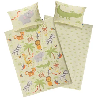 Aminata kids Bettwäsche Kinder 100 x 135 Zootiere Safari Kinder-Wende-Bettwäsche-Set Zoo-Tiere-Dschungel-Motiv Jungen & Mädchen Baumwolle | ÖkoTex Baby Giraffe AFFE Löwe