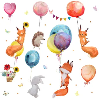 WandSticker4U®- [Aquafarben] Wandtattoo Kinderzimmer TIERE & LUFTBALLON XXL (107x100 cm) I Wandsticker Babyzimmer Waldtiere Hasen Fuchs Igel I Wandaufkleber Kinderzimmer Deko Mädchen Junge GROß