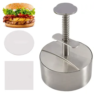 AXVRAV 304 Edelstahl Burger Presse, 10cm(3,9") Verstellbarer Hamburger Patty Maker mit 150 Stück Burger-Papier, Hamburgerpresse Zubehör für Rindfleisch, Gemüse, Fleisch, BBQ, Partygrill