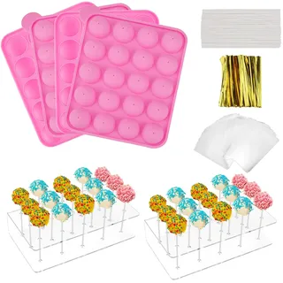 MOAMUN 304 Stück Cake Pop Maker mit 2 Cake Pop Ständer, 2 Silikon Cake Pop Form, 300 Cake Pop Stiele/Klare Beutel/Gold Twist Ties, 15 Löcher Acryl Lollipop Cakepopständer für Hochzeit Geburtstag Party