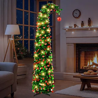 Pop Up Weihnachtsbaum Faltbar Geschmückt, 150CM/5FT Ausziehbarer Bleistift Weihnachtsbaum Klappbar mit 50 LED-Lichtern, Weihnachtsdeko mit Ständer und Wiederverwendbar (Dunkelgrün)