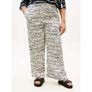 Stoffhose TOMMY HILFIGER CURVE "CRV ESS LINEN PULL ON PANTS", Damen, Gr. 54, N-Gr, small flag feathers calico, Web, Obermaterial: 100% Leinen, bedruckt, weit normal, Hosen Stoffhose, in großen Größen